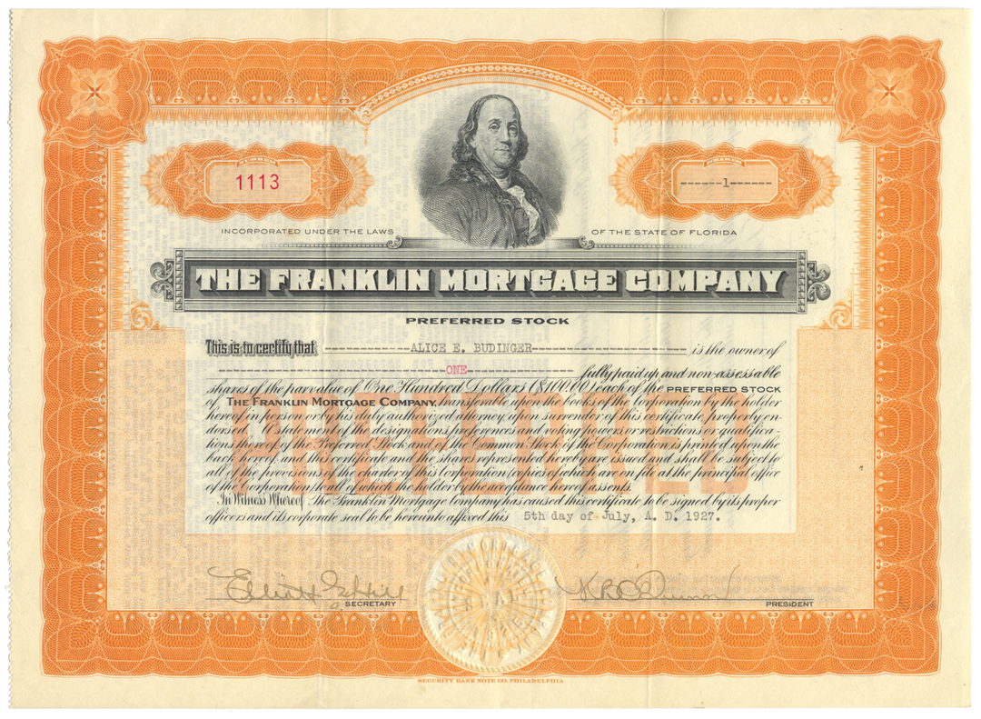 Franklin Mortgage Company Stock Certificate