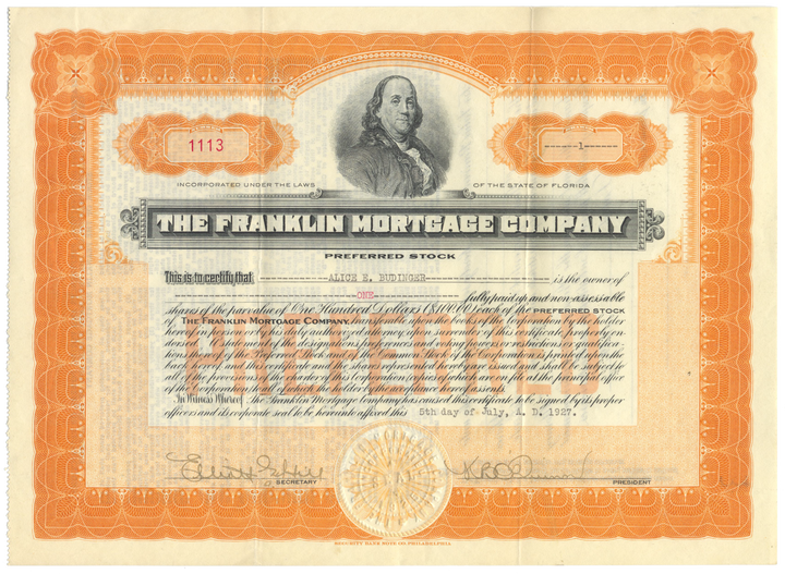 Franklin Mortgage Company Stock Certificate