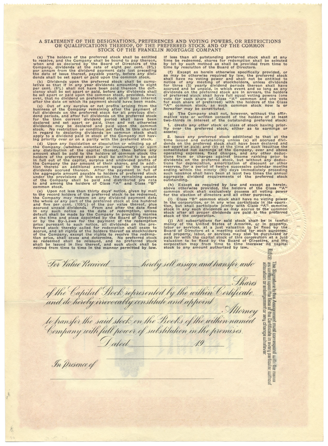 Franklin Mortgage Company Stock Certificate