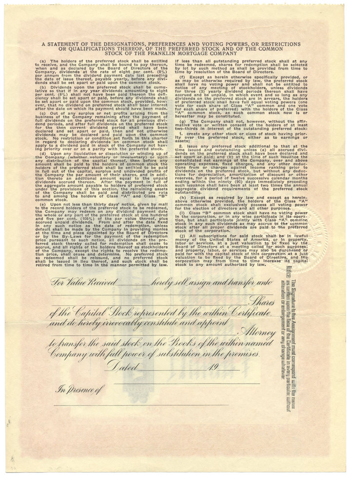 Franklin Mortgage Company Stock Certificate