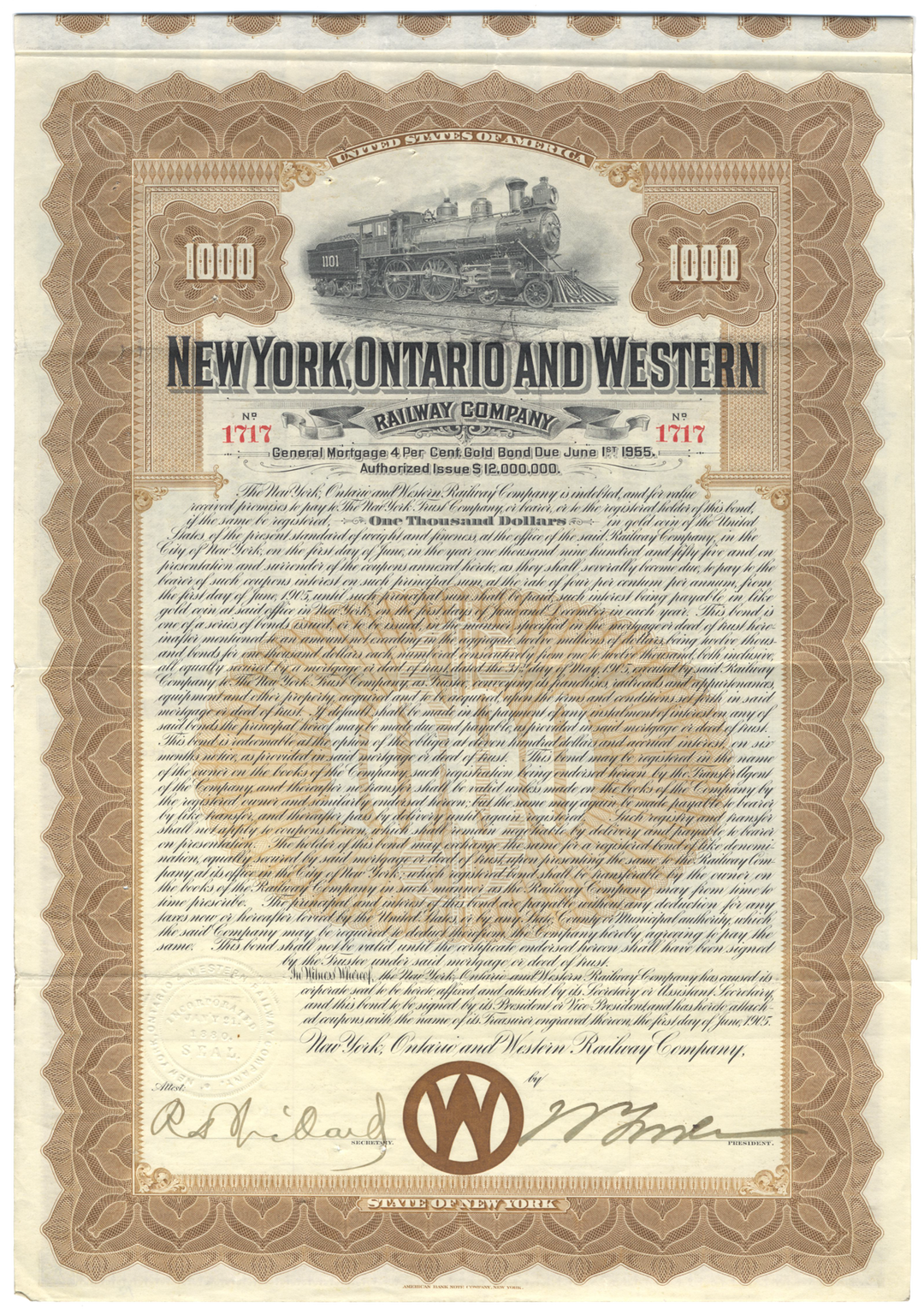 New York, Ontario and Western Railway Company Bond Certificate