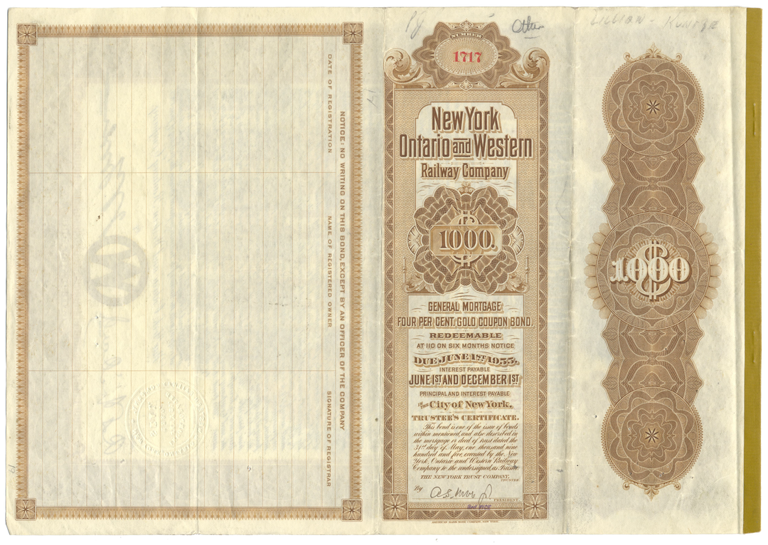 New York, Ontario and Western Railway Company Bond Certificate