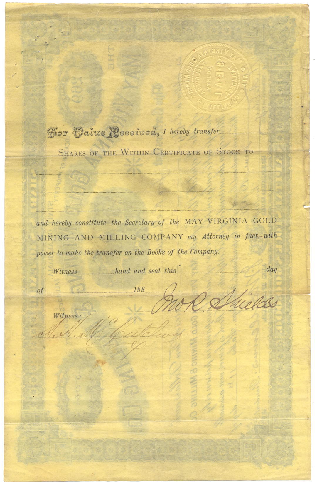 May Virginia Gold Mining & Milling Co. Stock Certificate