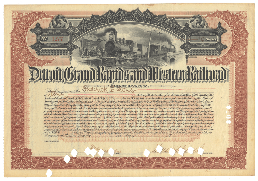 A vintage stock certificate for the Detroit, Grand Rapids and Western Railroad, dated 1899