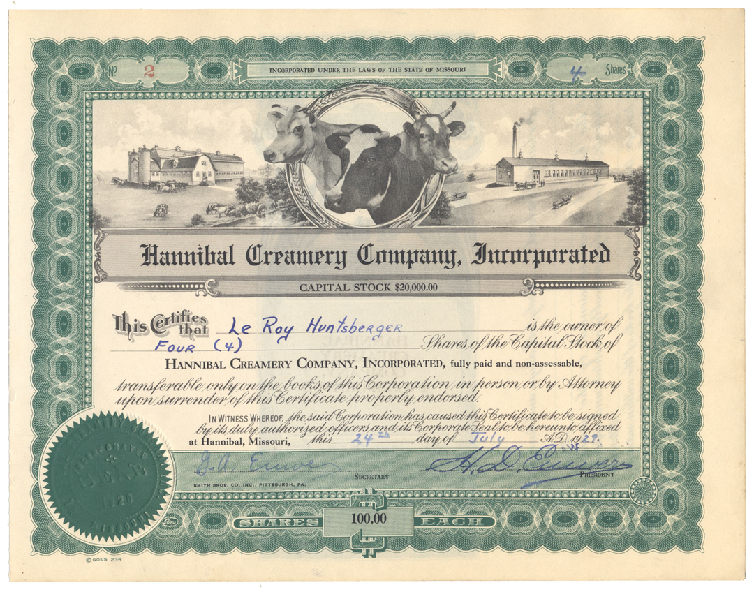 Hannibal Creamery Company, Incorporated Stock Certificate