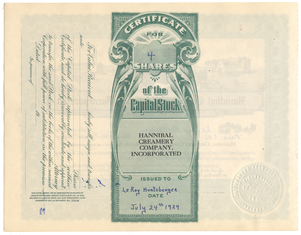 Hannibal Creamery Company, Incorporated Stock Certificate