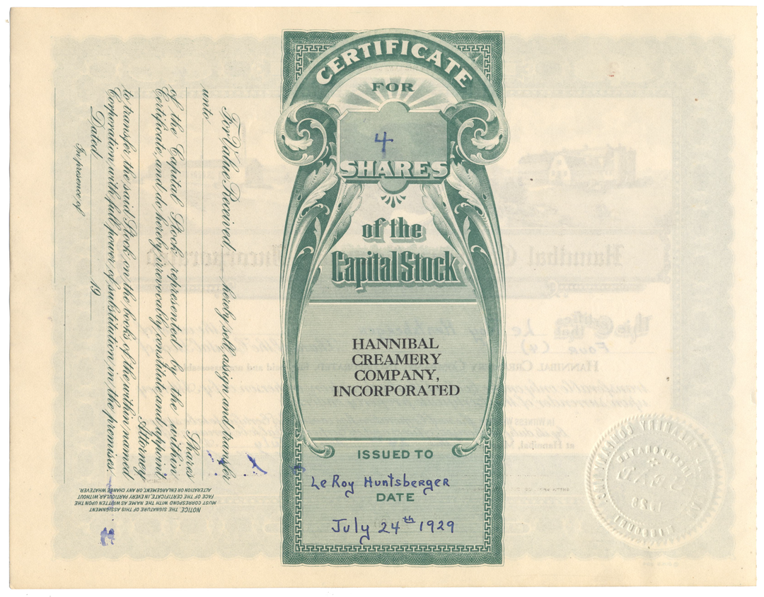 Hannibal Creamery Company, Incorporated Stock Certificate