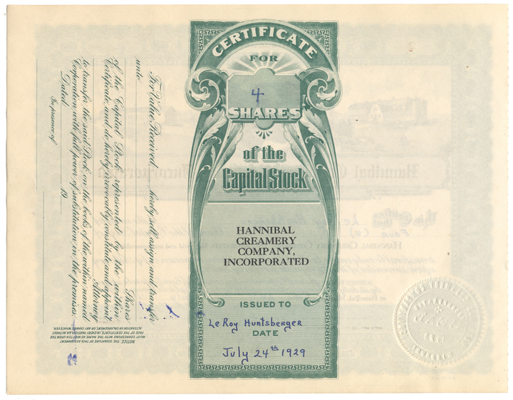 Hannibal Creamery Company, Incorporated Stock Certificate