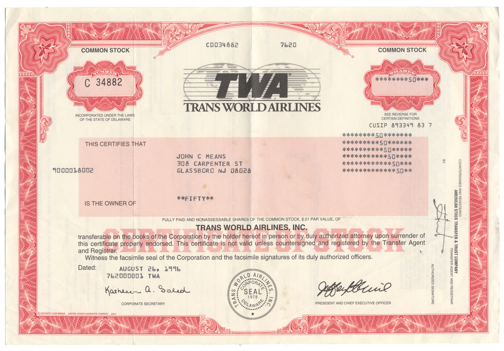 Trans World Airlines, Inc. (TWA) Stock Certificate