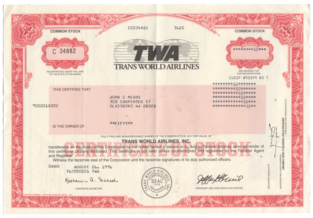 Trans World Airlines, Inc. (TWA) Stock Certificate