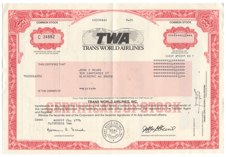 Trans World Airlines, Inc. (TWA) Stock Certificate