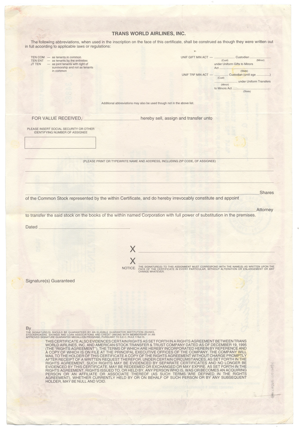 Trans World Airlines, Inc. (TWA) Stock Certificate