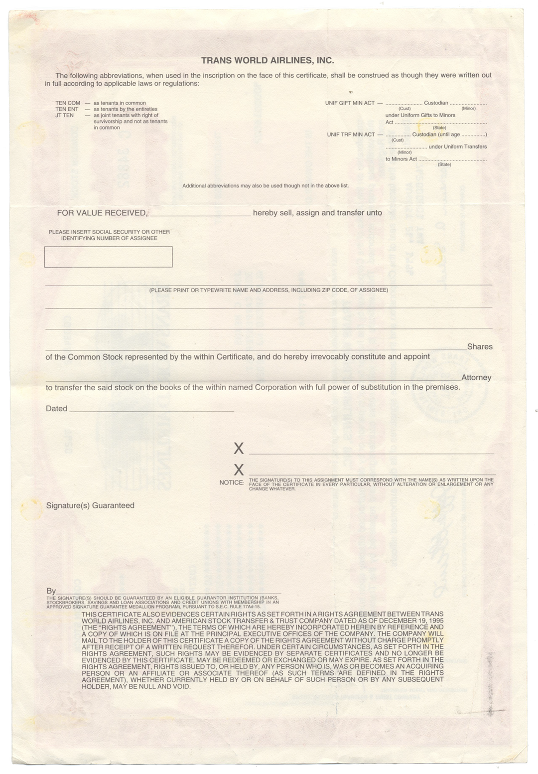 Trans World Airlines, Inc. (TWA) Stock Certificate