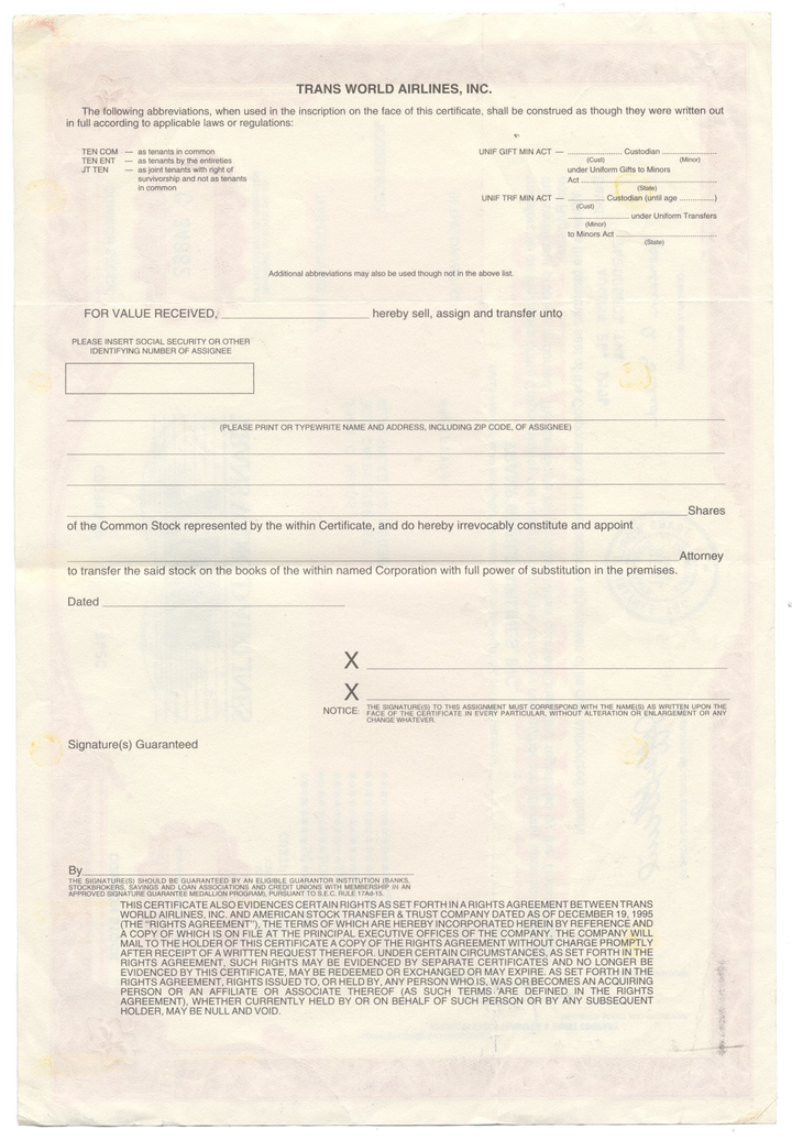 Trans World Airlines, Inc. (TWA) Stock Certificate