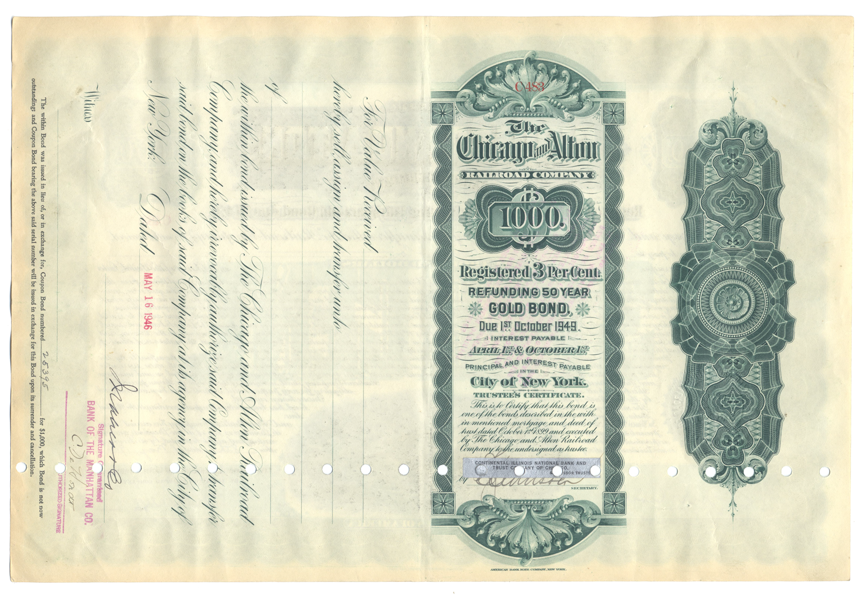 Chicago and Alton Railroad Company Bond Certificate
