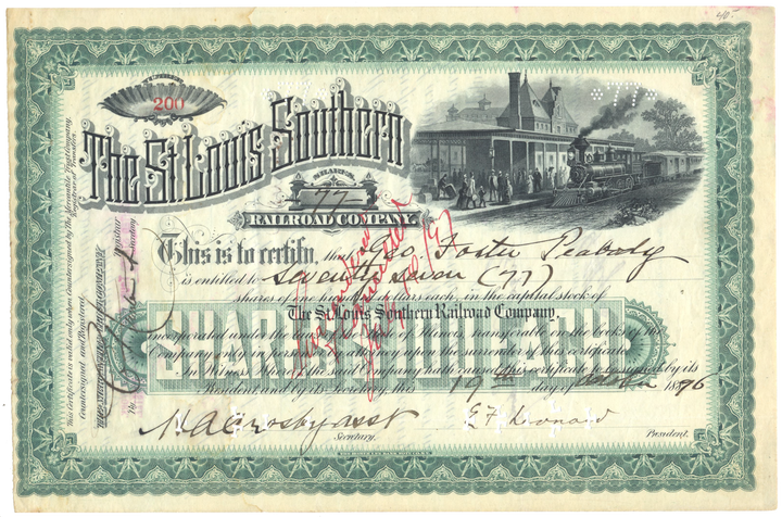 St. Louis Southern Railroad Company Stock Certificate Signed by George Foster Peabody