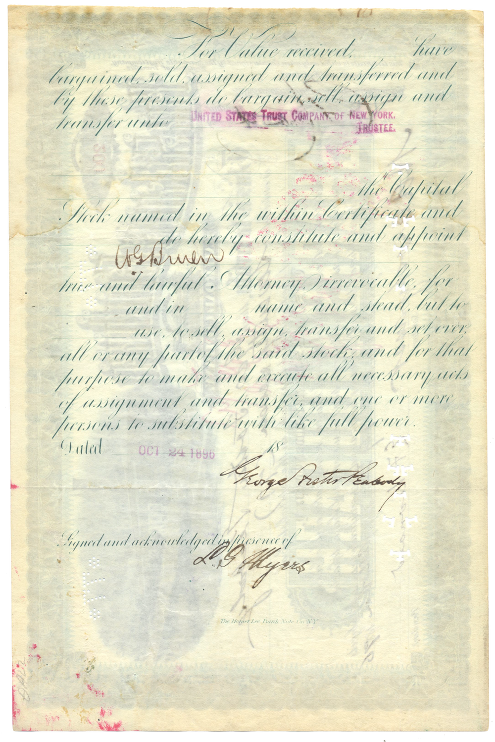 St. Louis Southern Railroad Company Stock Certificate Signed by George Foster Peabody