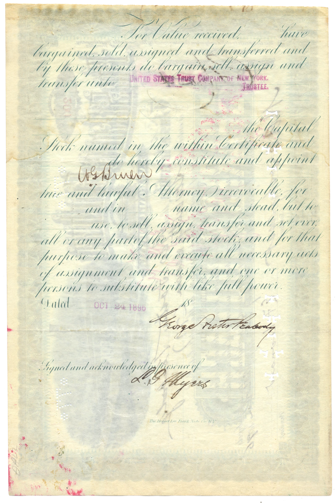 St. Louis Southern Railroad Company Stock Certificate Signed by George Foster Peabody