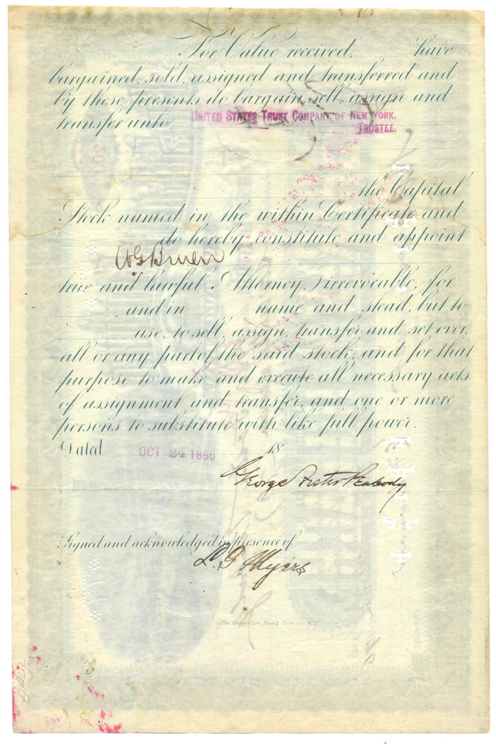 St. Louis Southern Railroad Company Stock Certificate Signed by George Foster Peabody