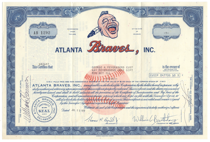 Atlanta Braves, Inc. Stock Certificate