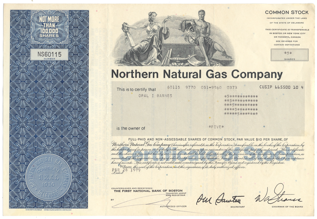 Northern Natural Gas Company Stock Certificate