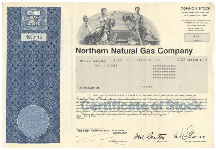 Northern Natural Gas Company Stock Certificate