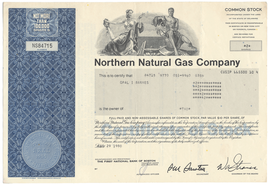 Northern Natural Gas Company Stock Certificate