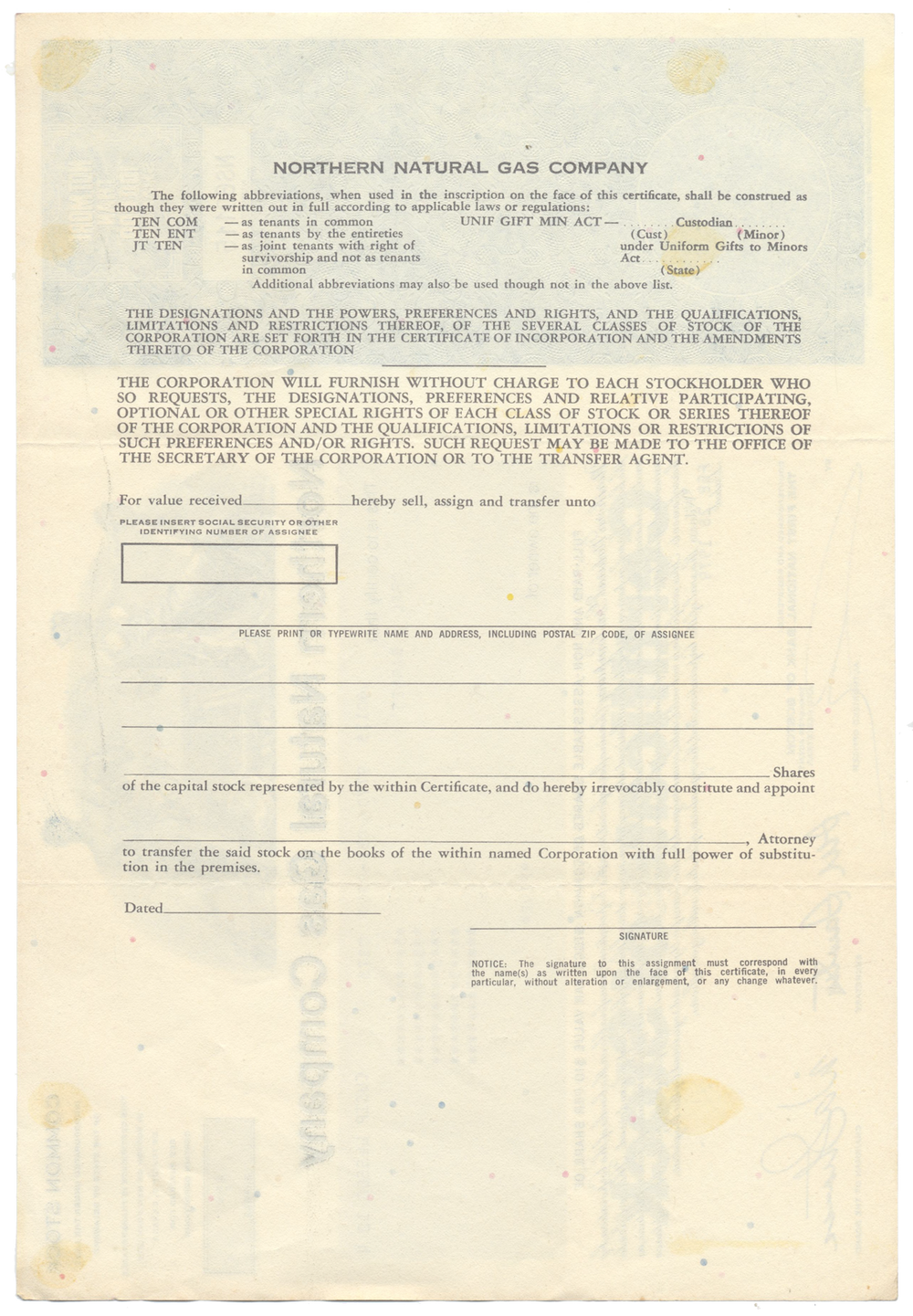 Northern Natural Gas Company Stock Certificate