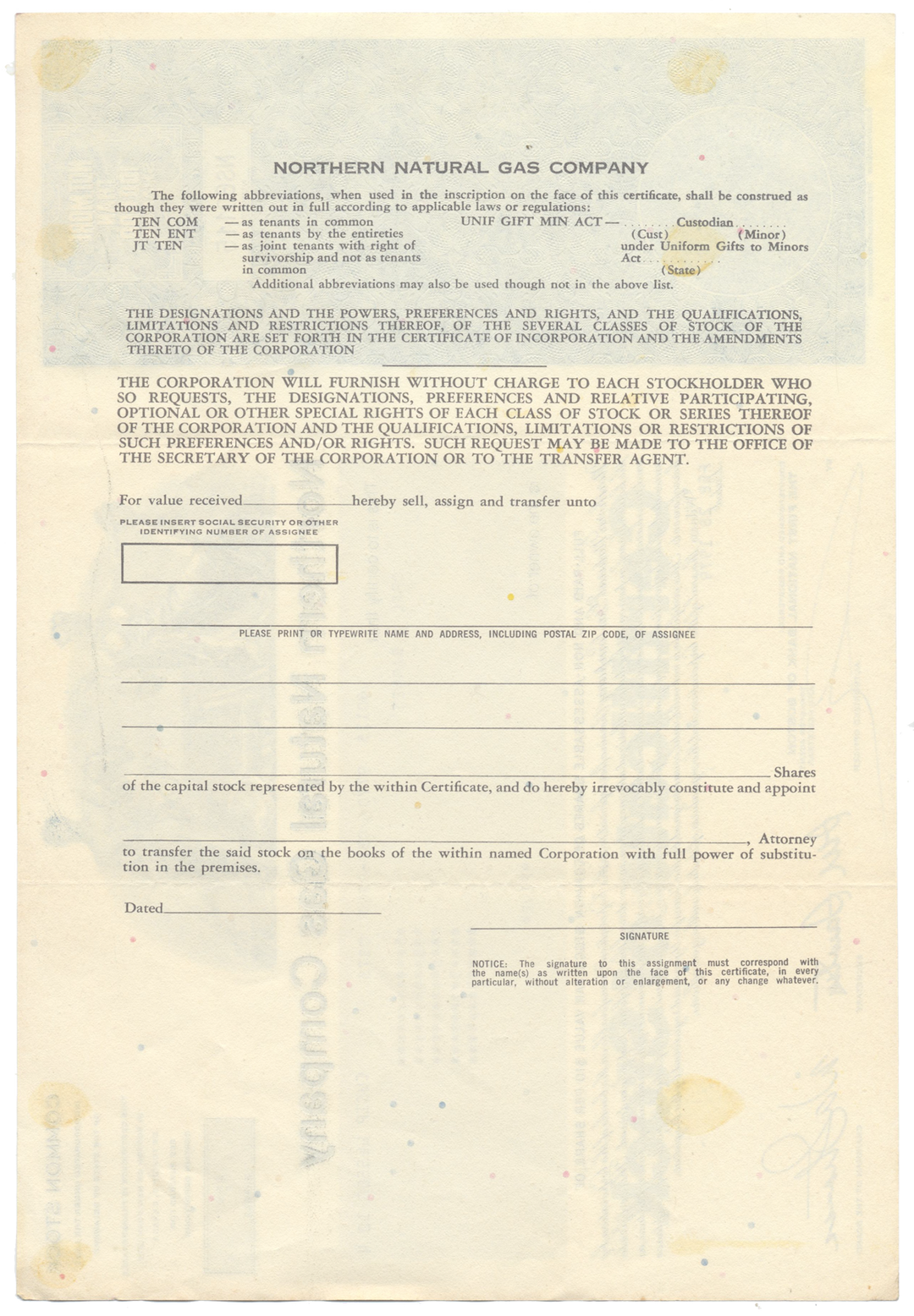 Northern Natural Gas Company Stock Certificate