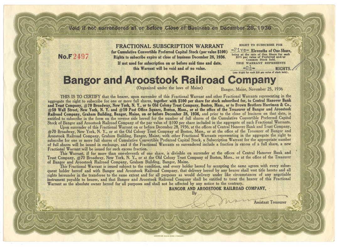 Bangor and Aroostook Railroad Company Stock Certificate