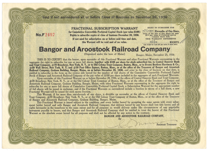 Bangor and Aroostook Railroad Company Stock Certificate