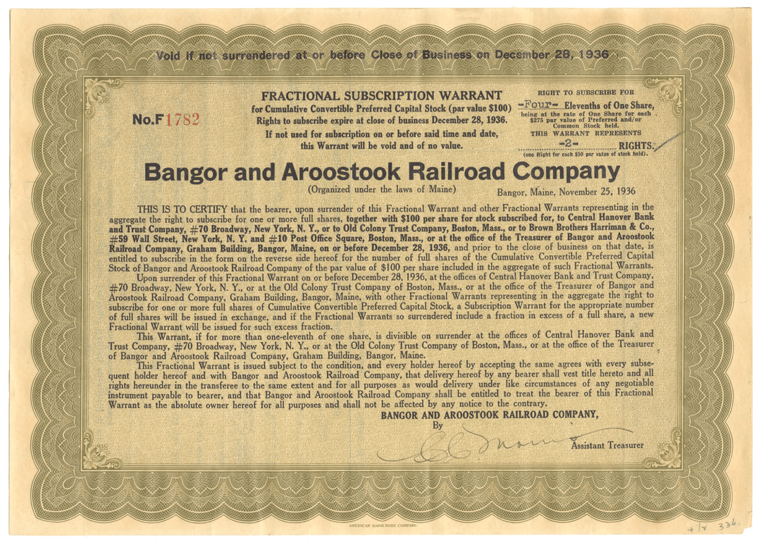 Bangor and Aroostook Railroad Company Stock Certificate