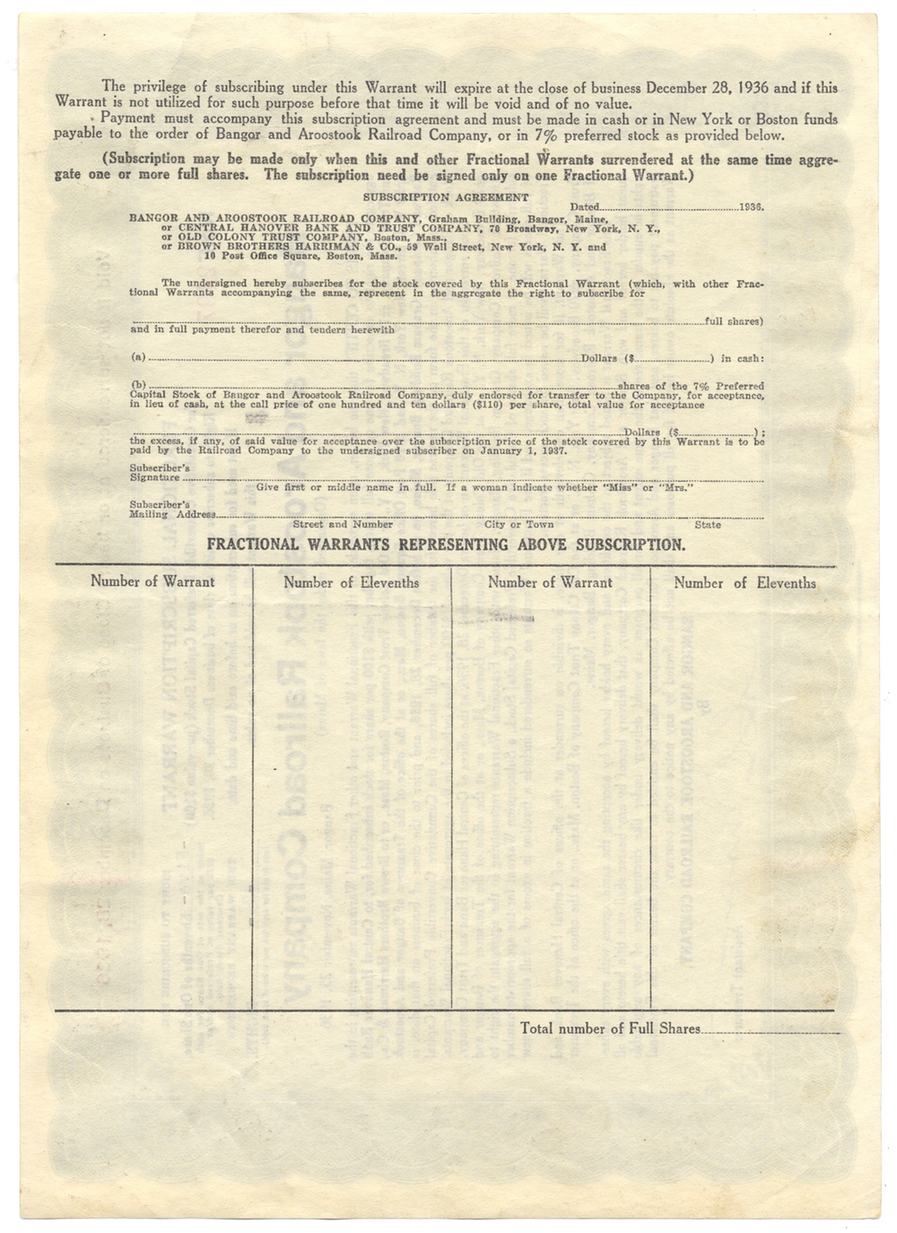 Bangor and Aroostook Railroad Company Stock Certificate