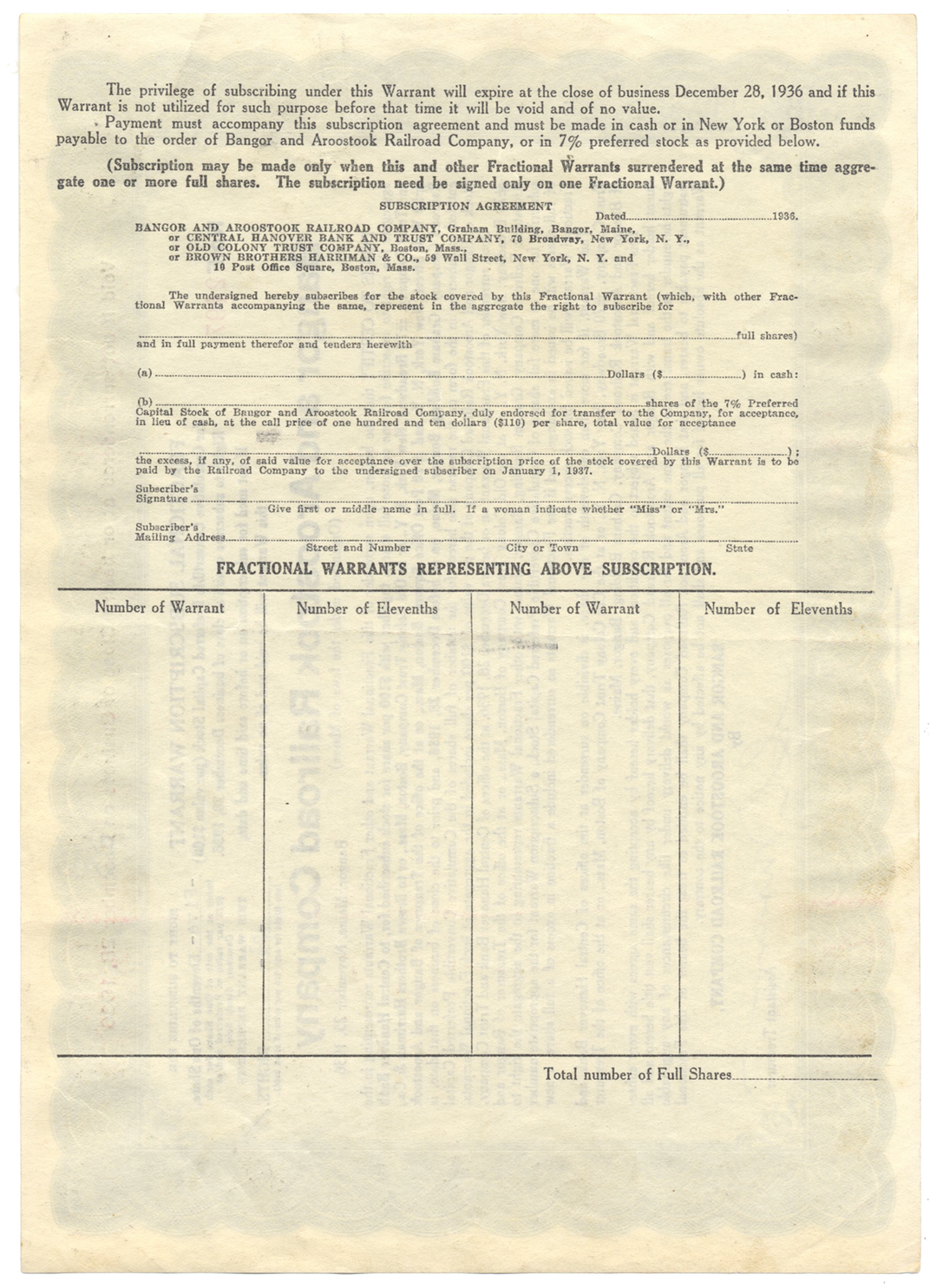 Bangor and Aroostook Railroad Company Stock Certificate