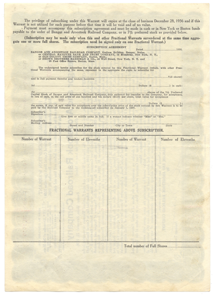 Bangor and Aroostook Railroad Company Stock Certificate