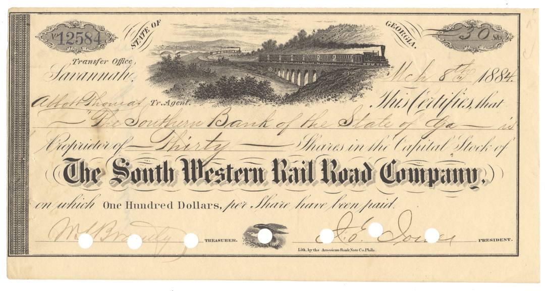 South Western Rail Road Company Stock Certificate