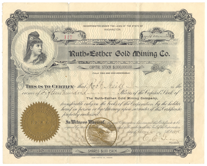 Ruth-Esther Gold Mining Co. Stock Certificate