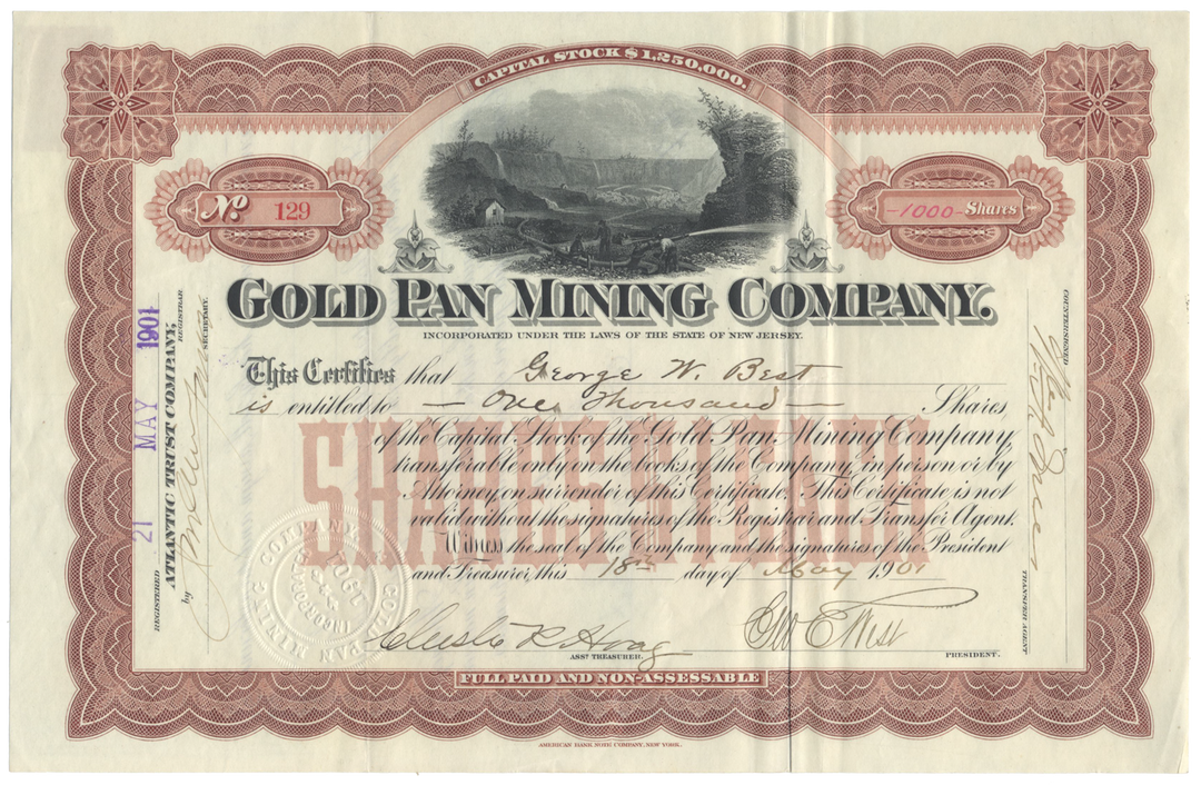 Gold Pan Mining Company Stock Certificate