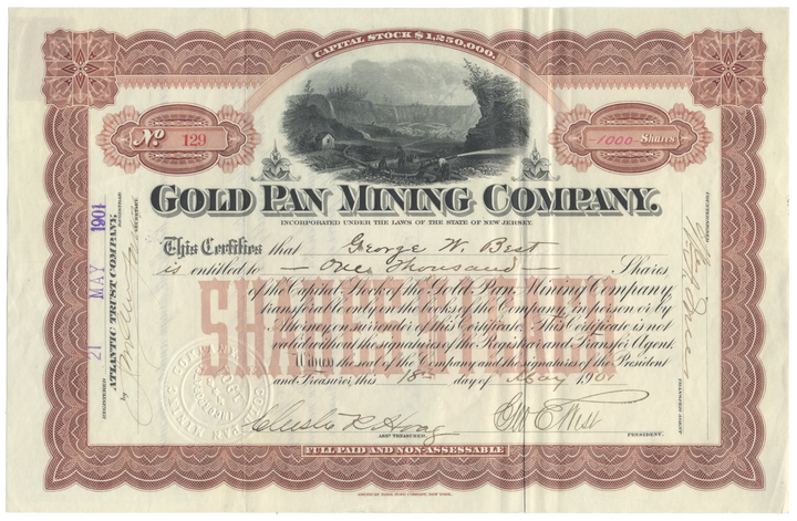 Gold Pan Mining Company Stock Certificate