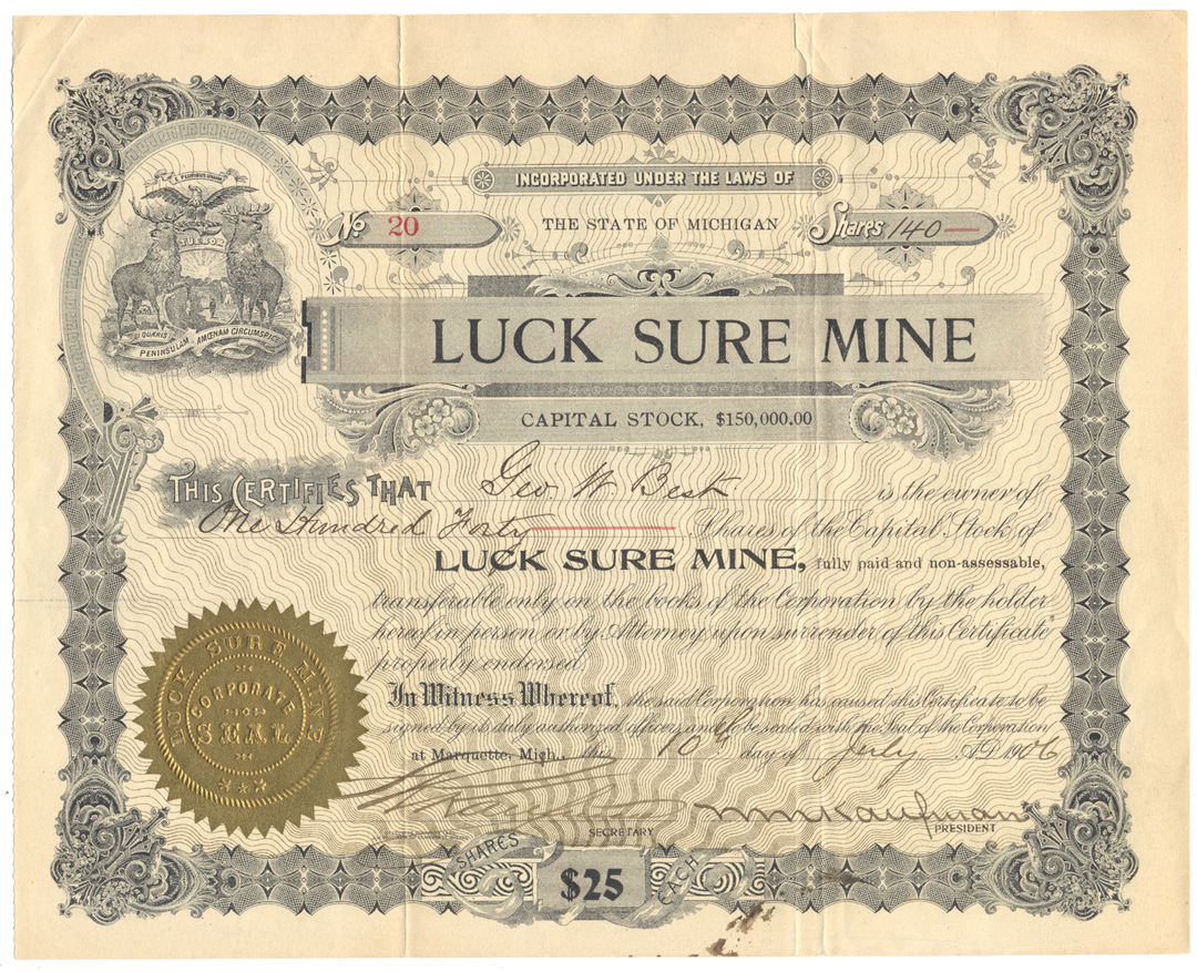 Luck Sure Mine Stock Certificate