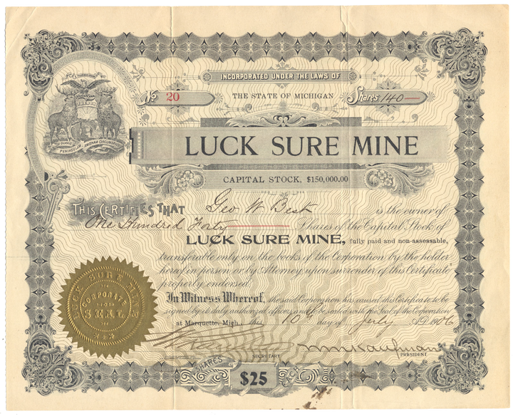 Luck Sure Mine Stock Certificate