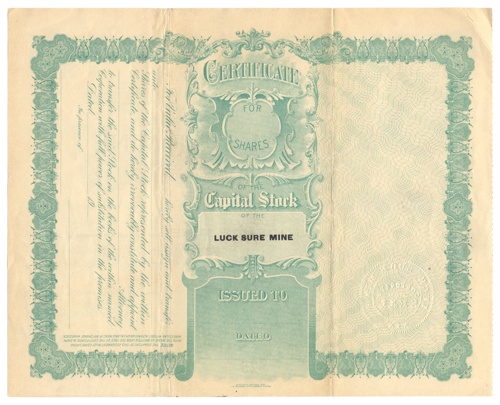 Luck Sure Mine Stock Certificate