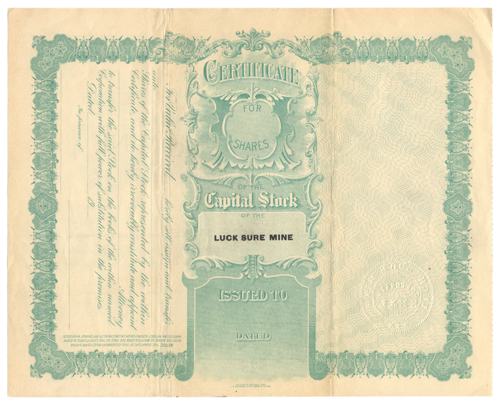 Luck Sure Mine Stock Certificate