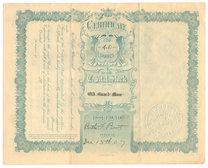 Old Guard Mine Stock Certificate