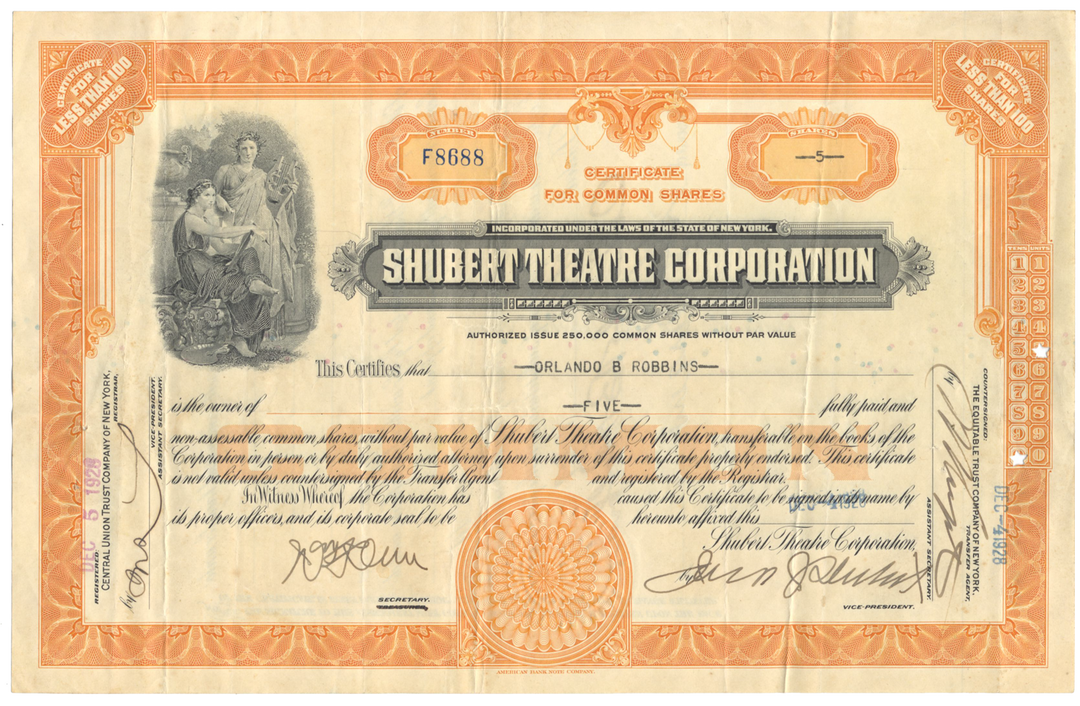 Shubert Theatre Corporation Stock Certificate Signed by Jacob J. Shubert