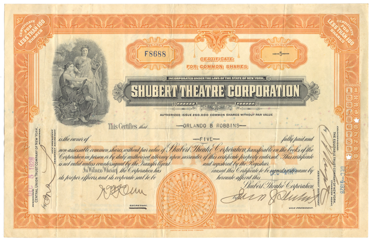 Shubert Theatre Corporation Stock Certificate Signed by Jacob J. Shubert