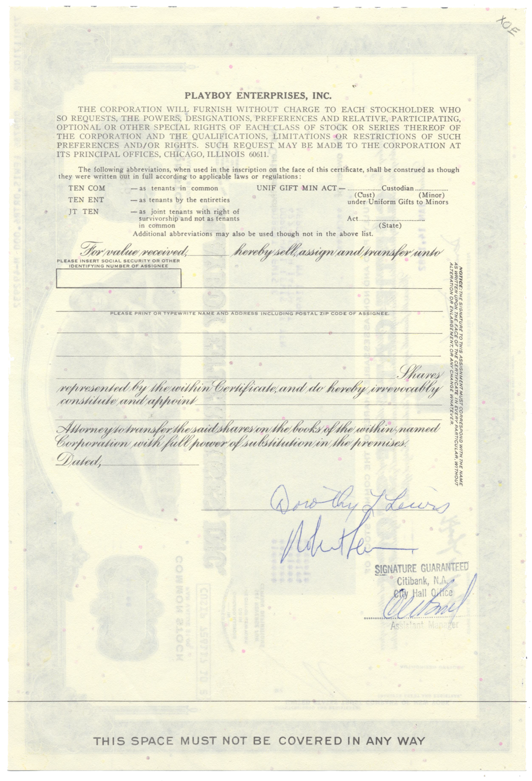 Playboy Enterprises, Inc. Stock Certificate