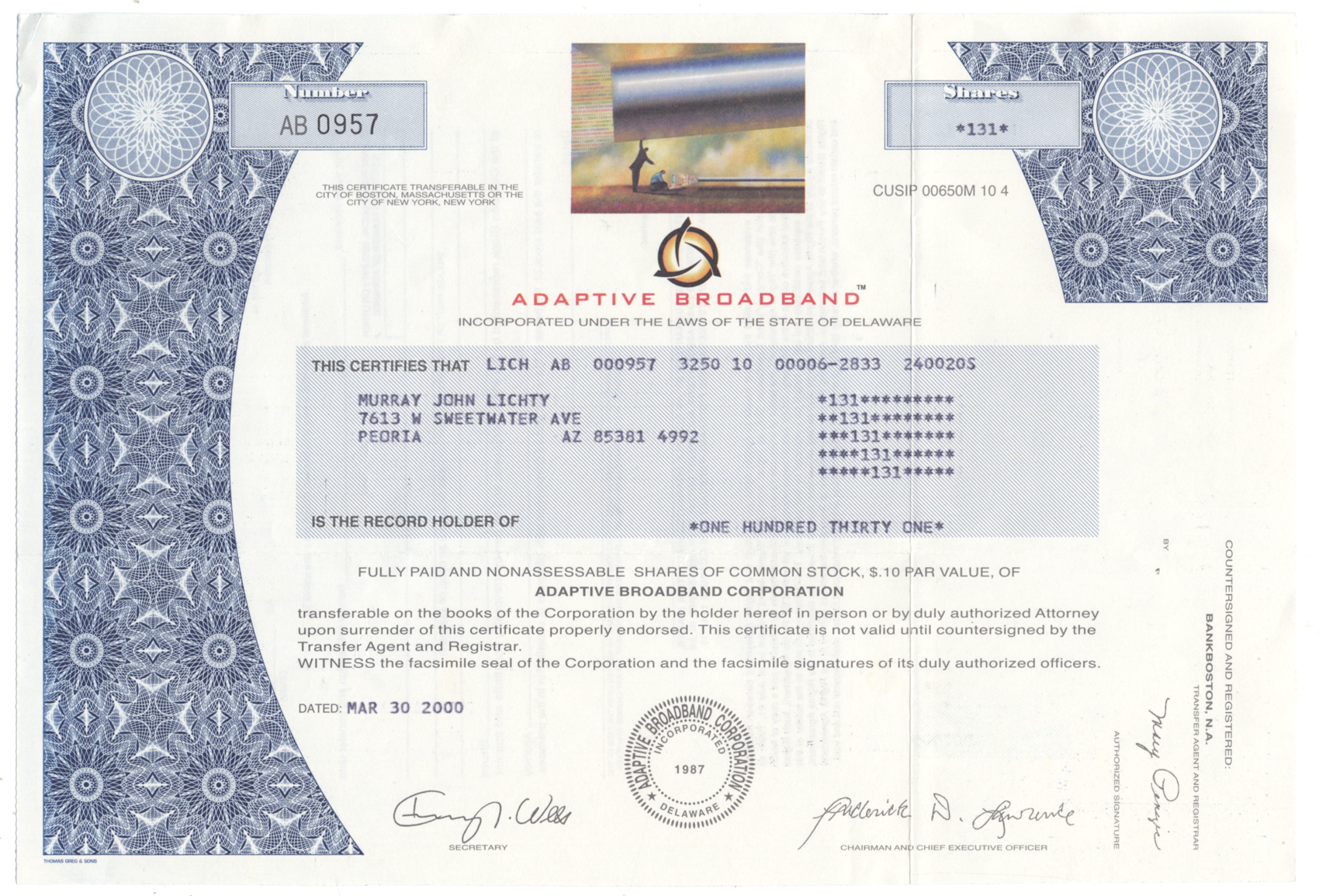 Adaptive Broadband Corporation Stock Certificate