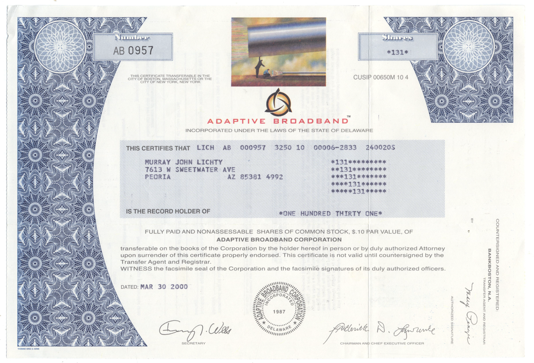 Adaptive Broadband Corporation Stock Certificate