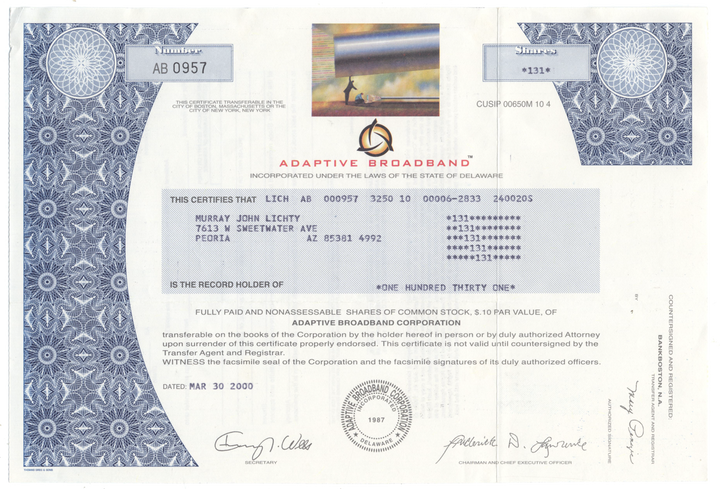 Adaptive Broadband Corporation Stock Certificate